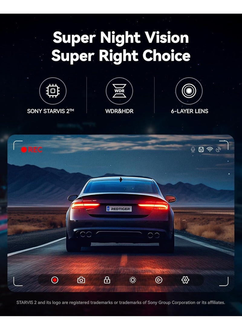 ريد تايجر كاميرا تابلوه امامية وخلفية 4K من اف 7 ان بي، كاميرا مزدوجة للسيارة للرؤية الليلية، واي فاي مدمج، بطاقة 32GB، شاشة IPS 3.2 انش، رؤية واسعة 170 درجة، WDR، شاشة وقوف السيارات 24 ساعة - Image 3